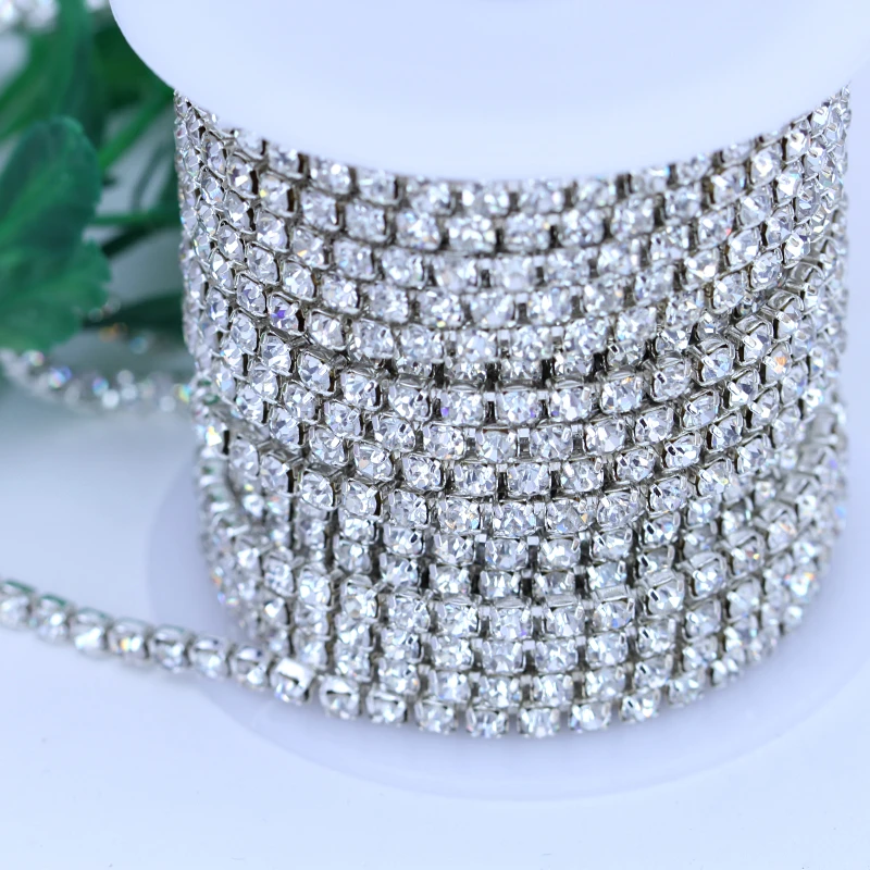 

Hot!5 Yards/Roll Silver Base Crystal SS6-SS16 High Dense Claw Rhinestone Cup Chain Rhinestones Trimming For DIY Decoration B0587