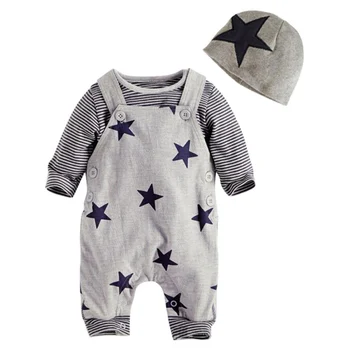 

3pcs/set Autumn Newborn Boy Clothes Set Fashion Cartoon Stripe Printed Striped T shirt +Pants+Hat Star pattern Overall Outfits