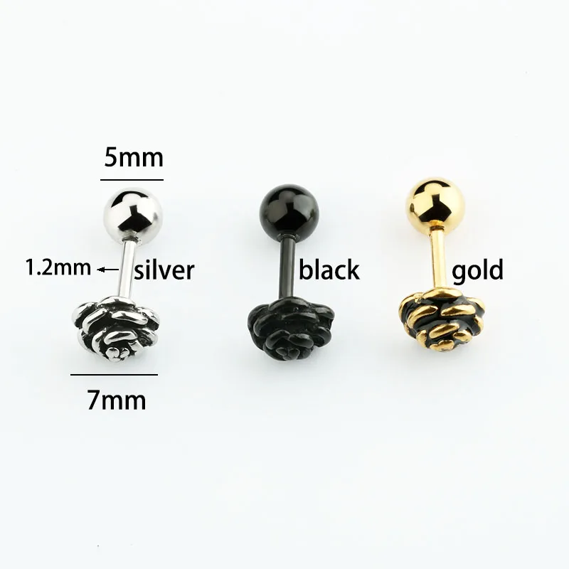 2PCS Romantic Rose Flower Ear Studs Earrings Women's Ear Plugs Titanium Steel Antique Silver Gold Black Body Piercing Jewelry 2