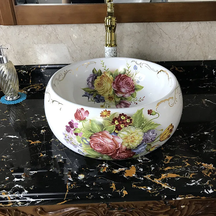 Porcelain Bathroom ceramic counter top sink Round wash basin Ceramic Lavabo Bathroom Vessel Sinks Sink Bowl peony pattern (2)