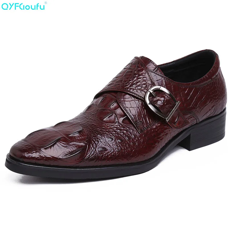 

2019 Men Dress Shoes Quality Men Monk Strap Shoes Oxford Lace-up Crocodile Pattern Formal Genuine Leather Wedding Shoe