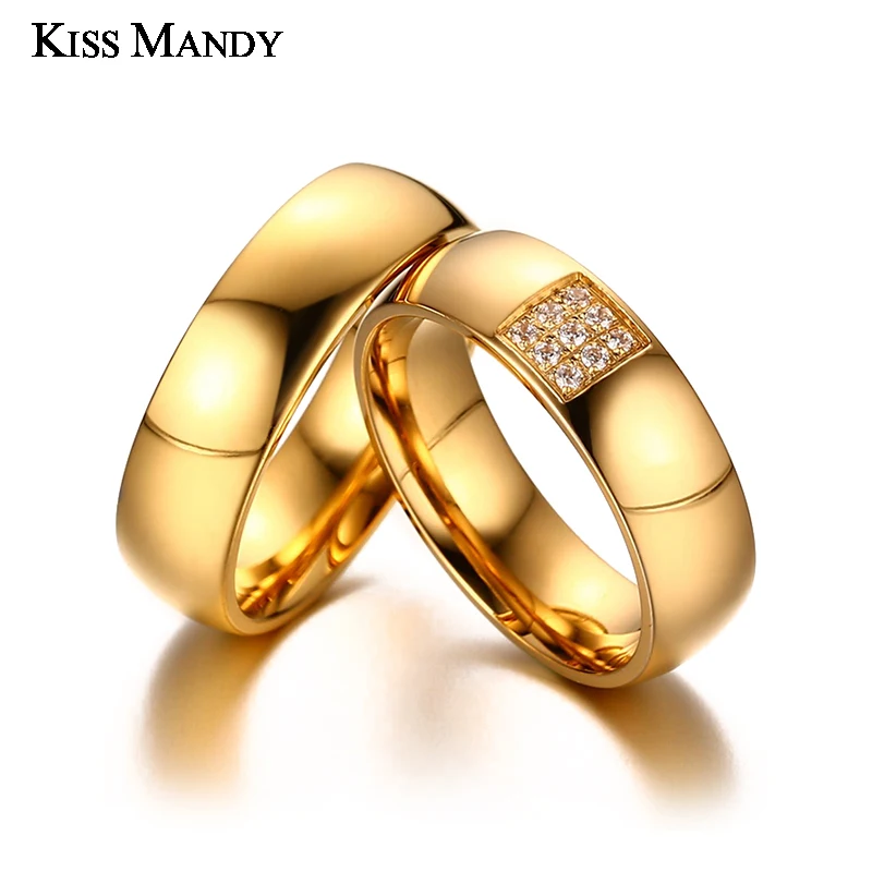 KISS MANDY Gold Stainless Steel Couple Promise Rings With 9 Pcs Zircons For Lovers Engagement Wedding Band Women Jewelry KR418