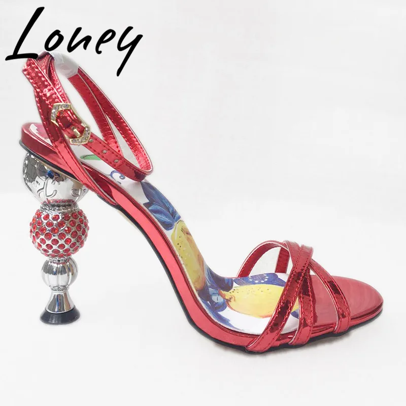 

Loney New Genuine Leather Printed Floral Summer Sandals Open Toe Crystal Ball HIgh Heel Sandals Shoes