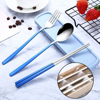 

3Pcs Stainless Steel Chopsticks Spoon Fork Tableware Set with Portable Box Adult School Travel Picnic Wheat Straw Cutlery Set