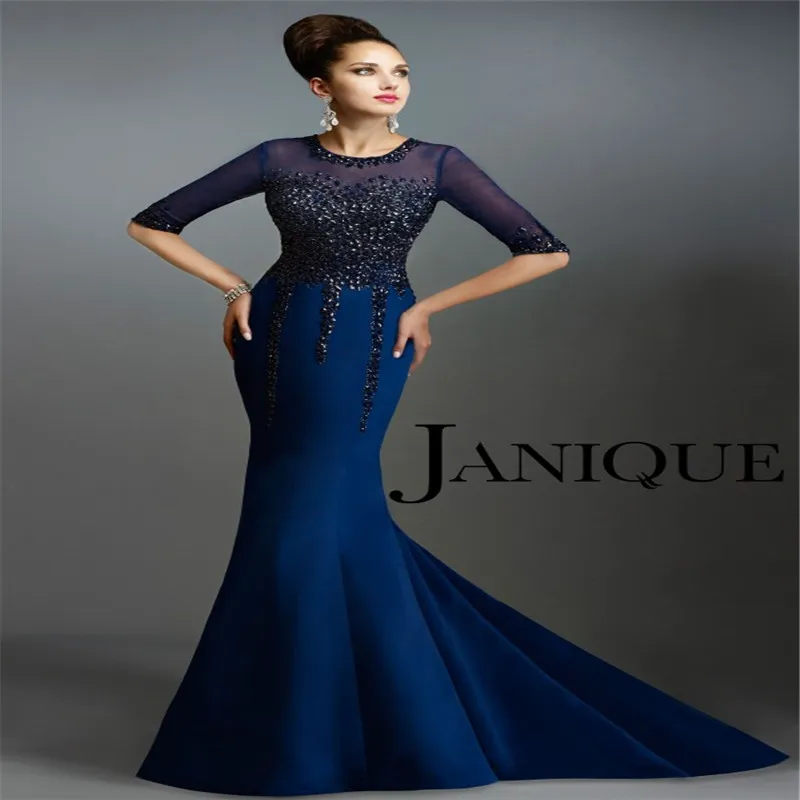 2017 Janique 541 Mother of the Bride Dresses Crew Sweep Train Navy ...