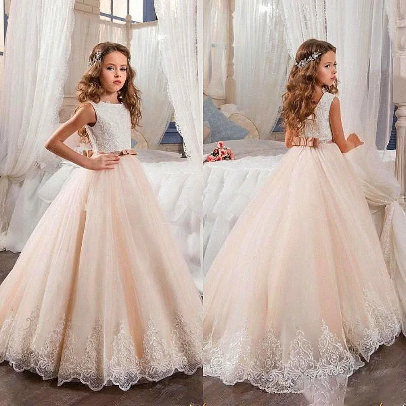 

New Champagne Sequined Flower Girls Dresses Scoop Long Girl Kids Pageant Gown Custom