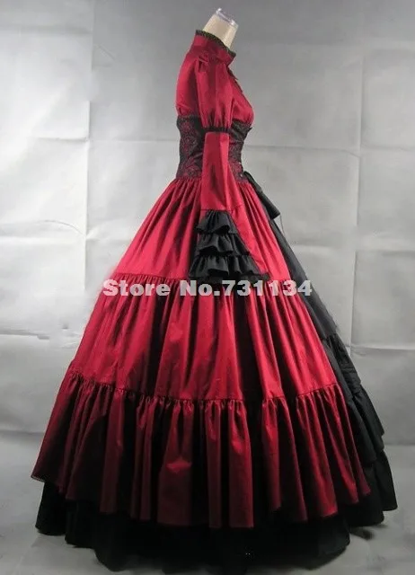Скидка красная одежда с длинным рукавом и стоячим воротником, с атласным бантом и готический, викторианской эпохи платья Для женщин Хэллоуин вечерние платья