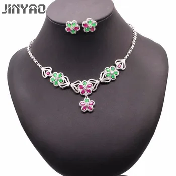 

JINYAO Fashion Bride Jewelry Set Gold Color Flowers Red Green Zircon Necklace Earrings Wedding Party Set for Women Gift