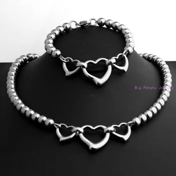 

Beautiful Girl's 6mm Silver Color Round Ball Chain With Romantic Heart Bracelet&Necklace Stainless Steel Party Jewelry Sets