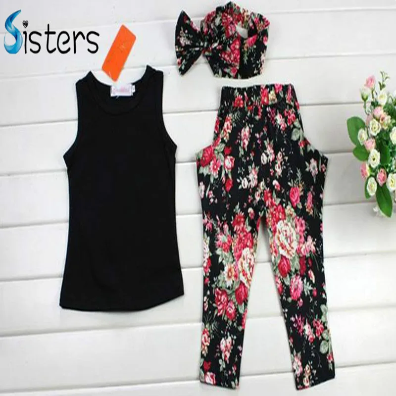 

Girls Fashion floral casual suit children clothing set sleeveless outfit +headband 2017 summer new kids clothes set