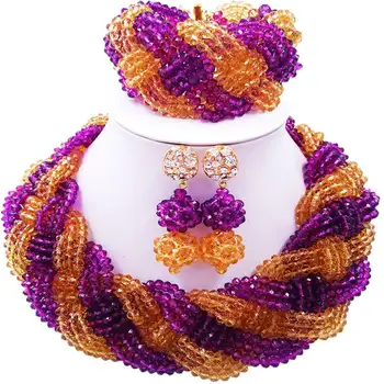 

New Design Purple Champagne Gold African Ethnic Crystal Anniversary Necklace Sets for Women 12C-BZ-23