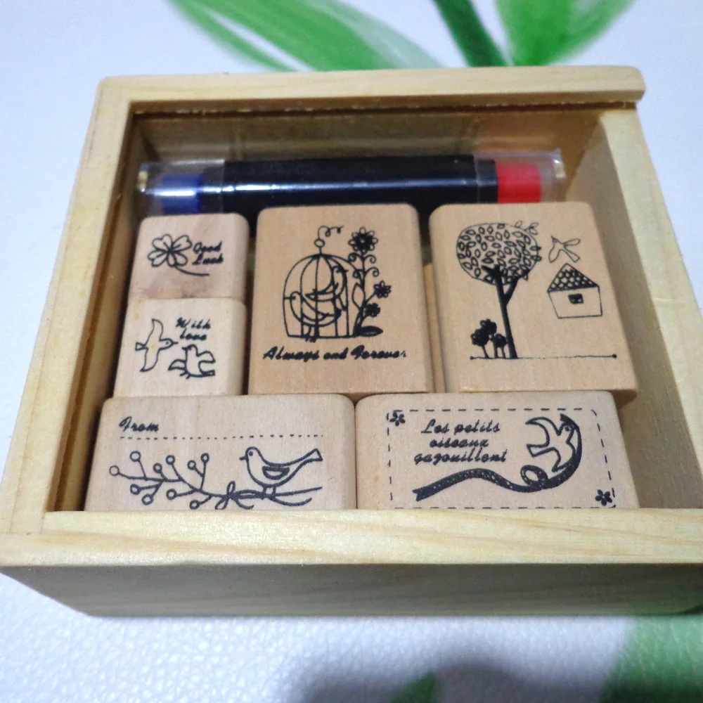 

1box (6pcs wood stamp and 1pc ink pad )Bird Tree House Clover Diary Scrapbook Wooden Rubber Stamp
