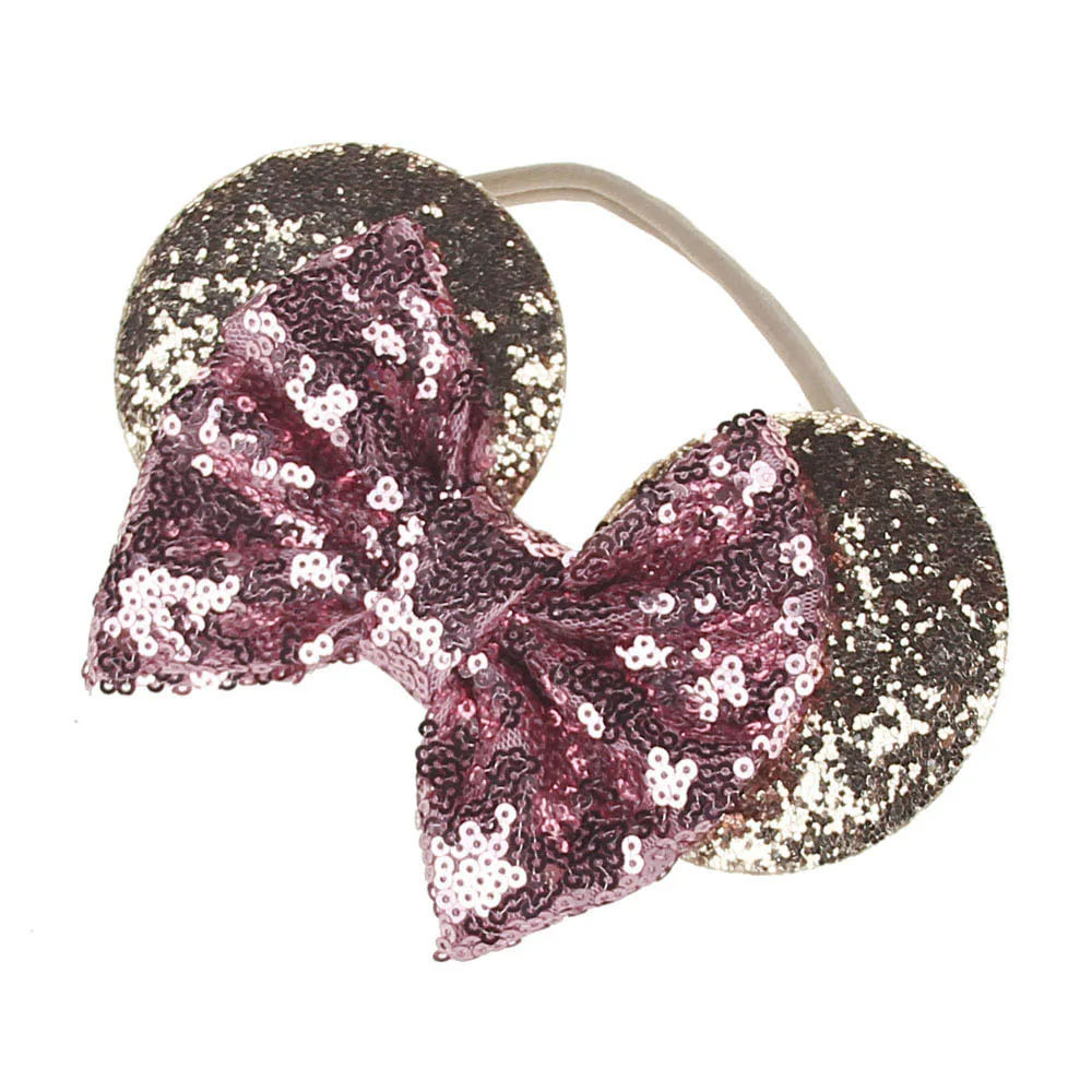 Милые уши Минни-Маус нейлон оголовье с блестками лук для детей девочек бутик заколка для волос с бантом и блестками резинка для волос аксессуары для волос - Цвет: Розовый