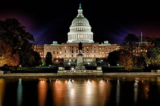 us capitol building and reflecting pool at fall night canvas print