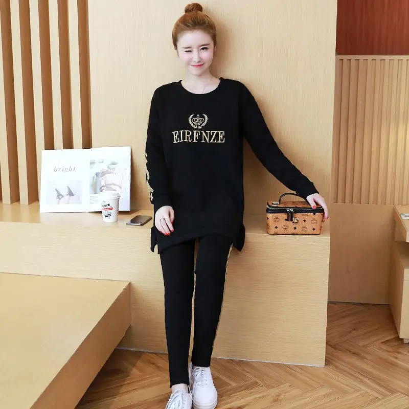 

Autumn and winter Korean fashion pregnant women set gold thread ribbon embroidery shirt + stomach lift pants two-piece suit