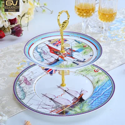 Bone China Double Decker Plates Jane European Style Cake Fruit Snack Plate Afternoon Tea Ceramic Tray Porcelain Tableware | Дом и сад