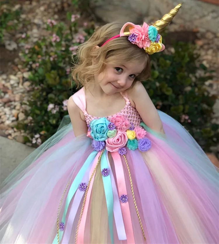 Пастельное платье-пачка с цветочным рисунком единорога для девочек; детское платье на бретелях из тюля «кроше»; бальное платье с ромашками; Детский карнавальный костюм; платье