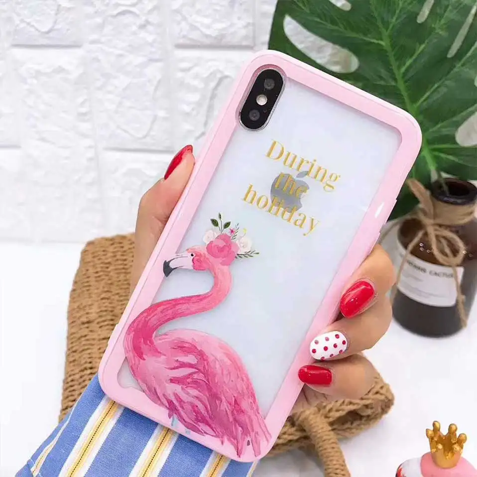 Чехол для iPhone X 7 8 6 Чехлы принципиально 6s Капа прозрачное стекло Фламинго назад