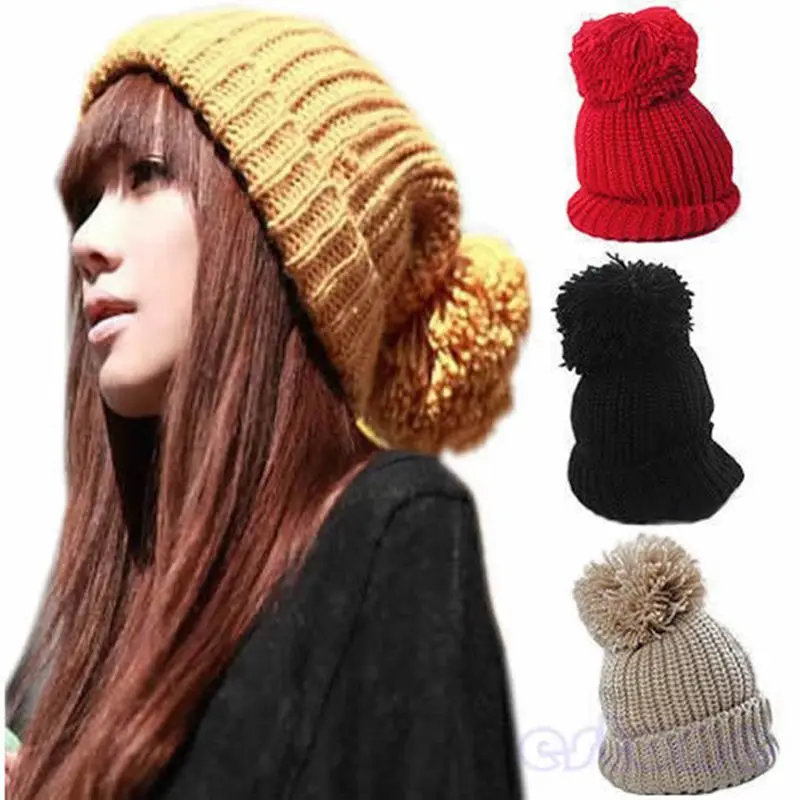 

Hight Quality Women's Winter Slouch Knit Cap Warm Oversized Cuffed Beanie Crochet Ski Bobble Beanies knitting wool Hat