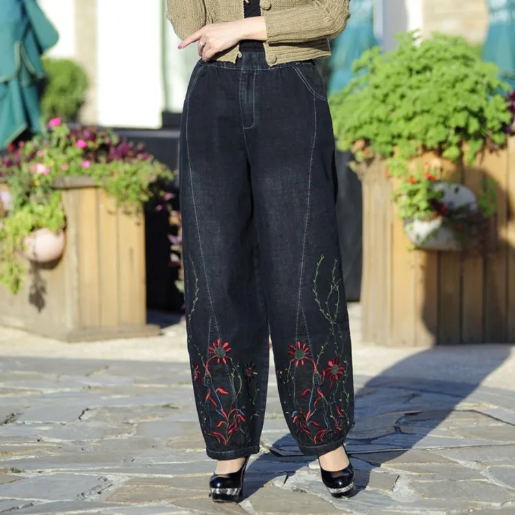 Весна и осень вышивка в этническом стиле брюки Широкие брюки большие размеры джинсы свободные с высокой талией женские брюки