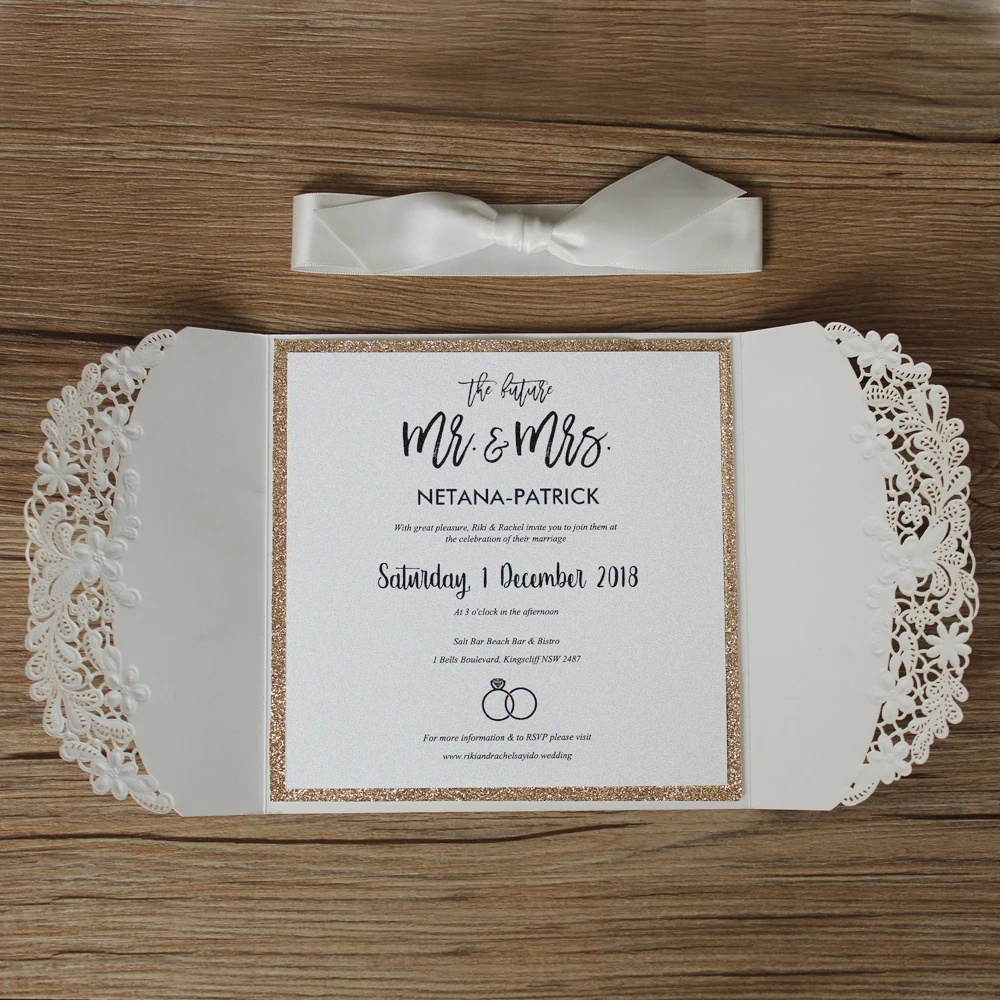  Elegant White Wedding Invitation Customized Invitations Personalized Invitation Cards with Gold Lin - 32870950690