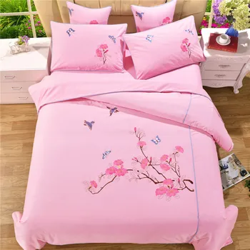

Foreign trade pure cotton embroidered four-piece set pink simple bed sheet pillow cover all cotton four-piece set
