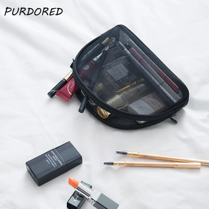 PURDORED 1 pc Black Mesh Cosmetic Bag Hollow Clear Mesh Make Up Bag