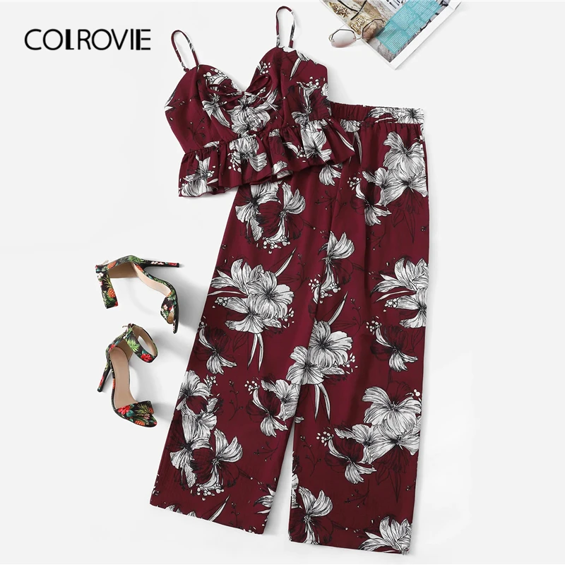 

COLROVIE Plus Size Floral Print Ruffle Hem Crop Cami Top And Shorts Two Piece Set Women 2019 Summer Knot Boho Clothes Suit Sets