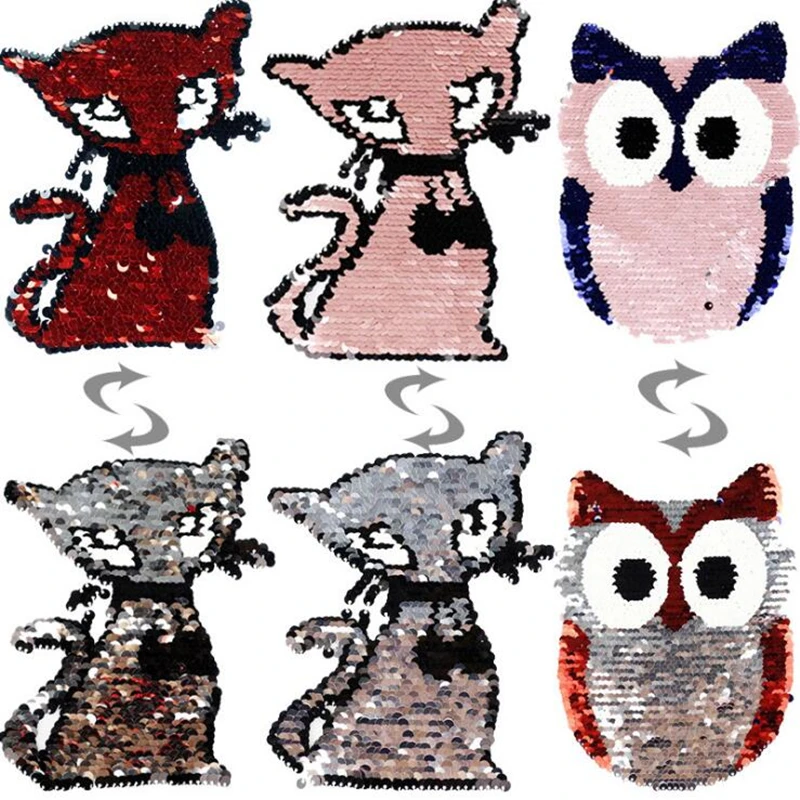 

2018 New Cat Owl Reversible Change Color Sequins Sew On Patches for Clothes DIY Patch Applique Bag Clothing Coat Sweater Crafts