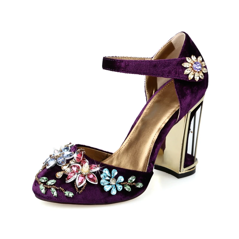Women crystal embellished high heel Shoes round toe velvet ankle strap thick heels woman pumps