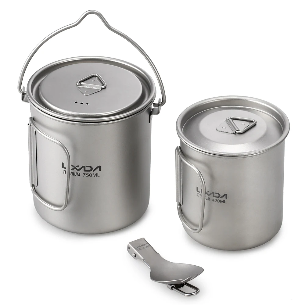 

Lixada Lightweight Titanium Cup Mug 3 Pieces Set Titanium 750ml Pot 420ml Water with Lid Collapsible Handle Folding Spork