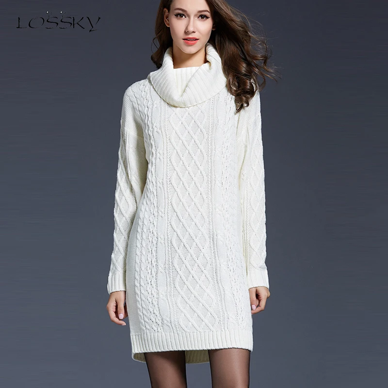 

Lossky Dress Women Long Sleeve Autumn Winter Sweater Dress Plus Size White Mini Short Turtlenck Pullover Dress Streetwear Simple