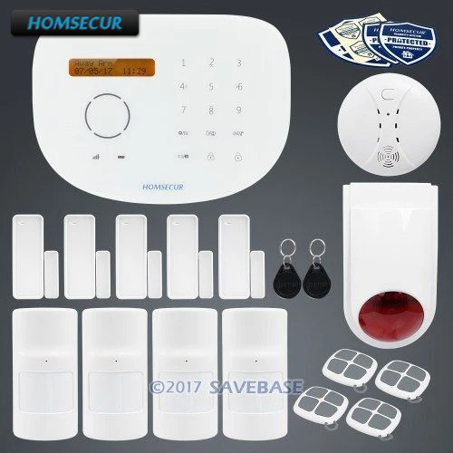 

HOMSECUR Wireless&wired GSM RFID Home Security Alarm System with Red Flash Siren+Smoke Detector+4*PIR+Door Sensor