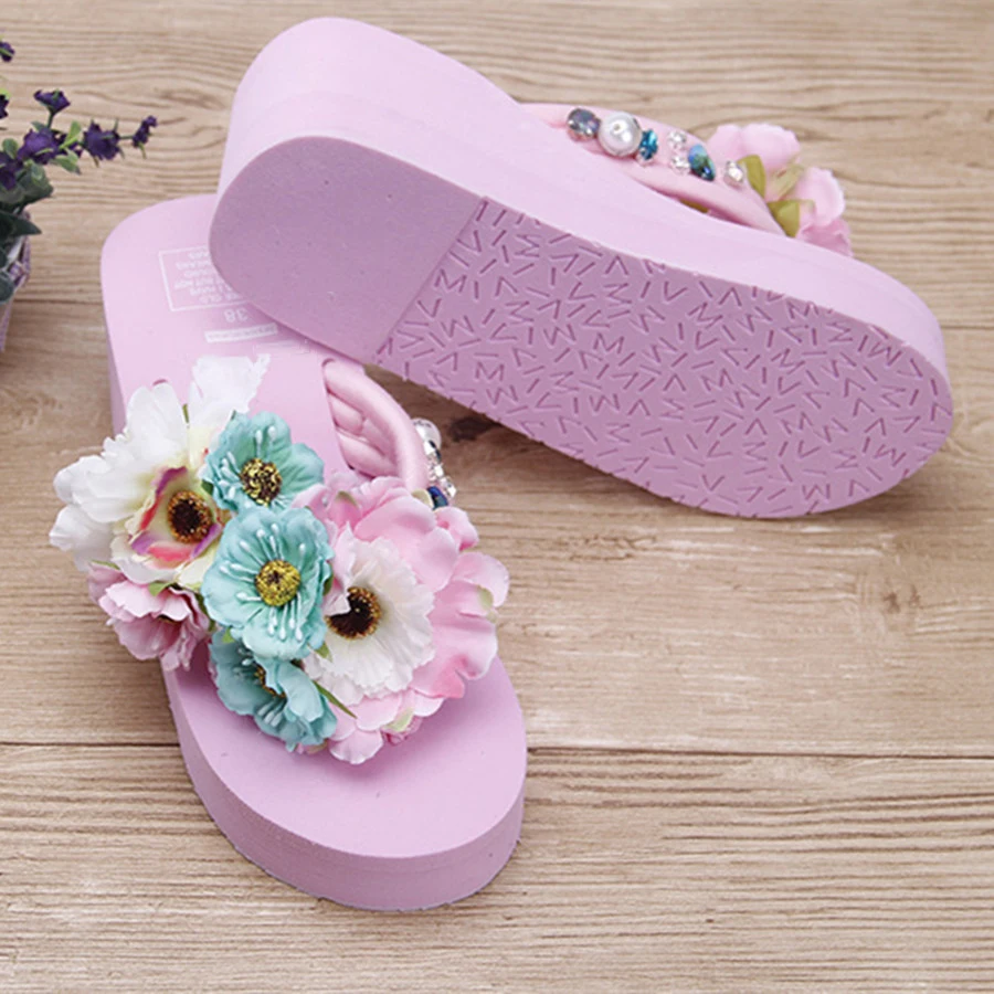 Женские летние шлепанцы на танкетке с цветочным принтом|platform women|platform flip flops