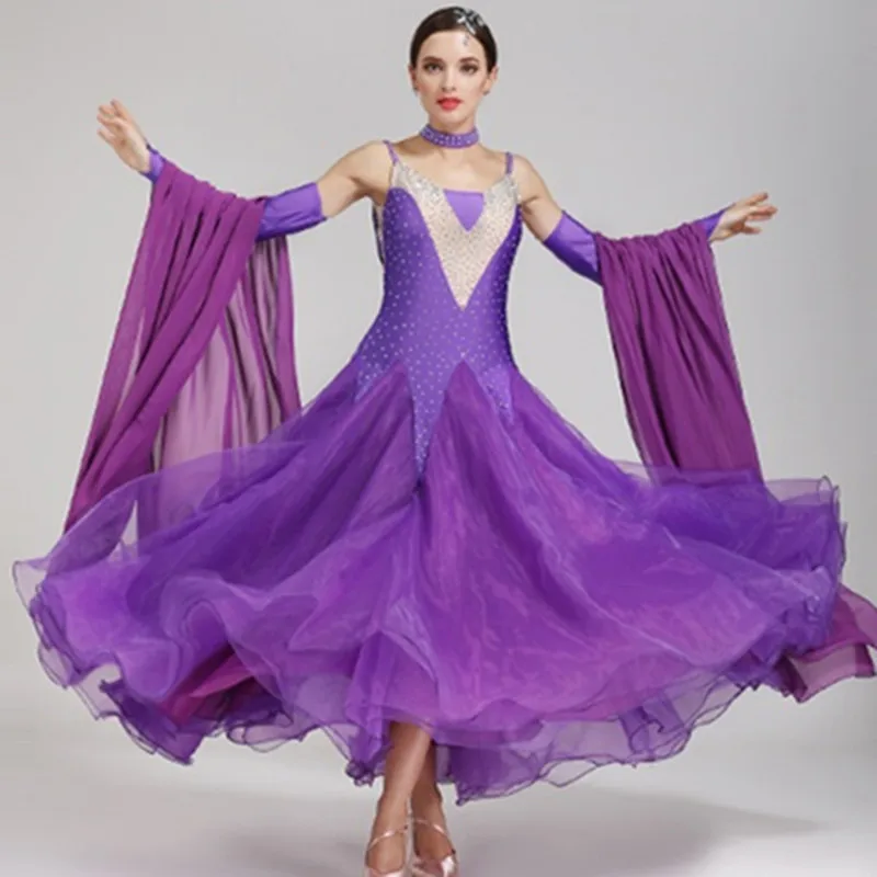 Rhinestone Elegant Long Yarn Red Ballroom Dance Competition Dresses Standard Ballroom Dress Fringe Waltz Dance Costumes