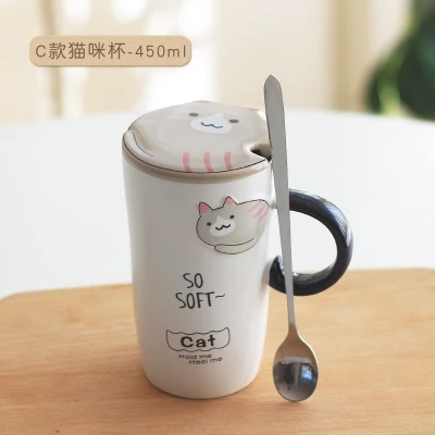 Janpan Kawaii Мультяшные животные кофейные кружки с ложкой кошка керамические чашки чаши с вилкой чайная чашка столовая посуда набор офисный подарок - Цвет: B1 Mug 1 Spoon