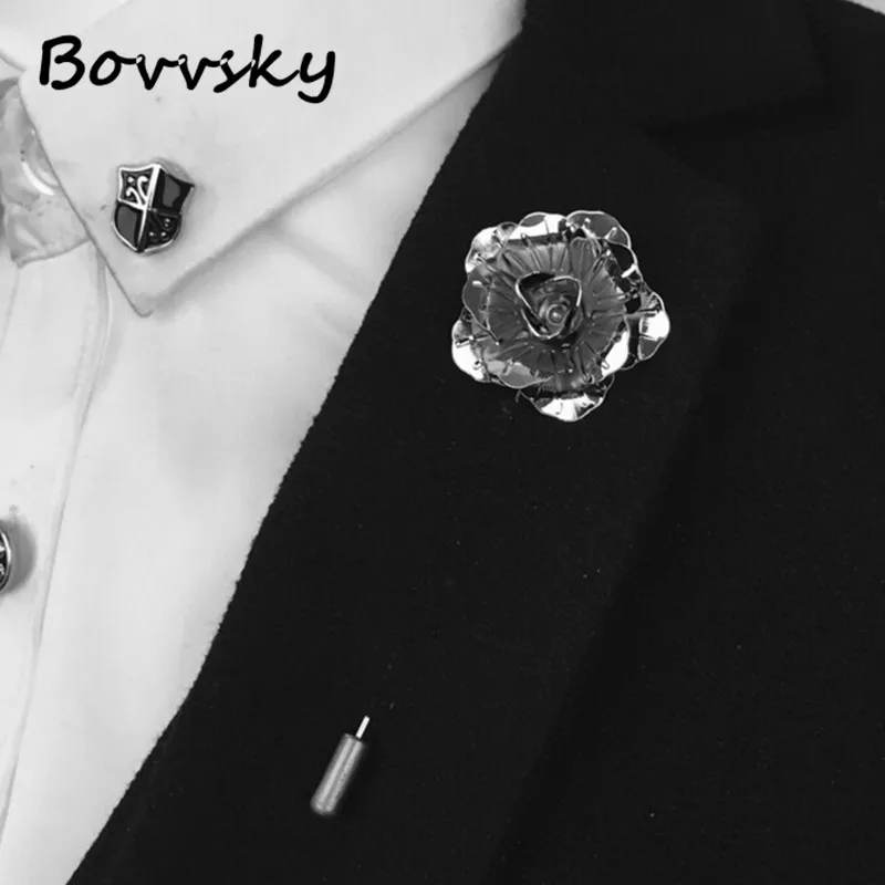 

Bovvsky Gold silver black rose Flower Brooch Pin Men suit Accessories Lapel Pins for Men's Suit Wedding Party Long Pin brooch