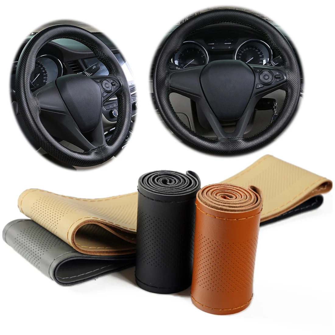 

Dewtreetali DIY Steering Wheel Covers Genuine Leather Steering-wheel Cover with Thread Needle for Peugeot 308 Passat b8 b7