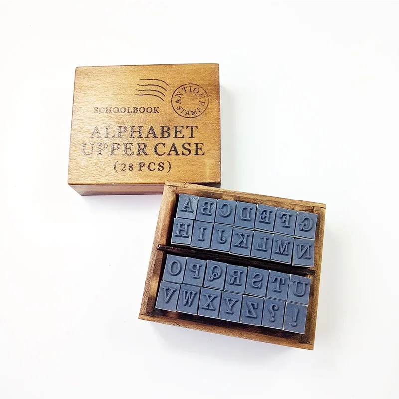 

28 Pcs/set Vintage DIY Multi Purpose Alphabet Letter Schoolbook Stamp Set Wood Rubber Stamps Set Wooden Box 2 Style For Choose