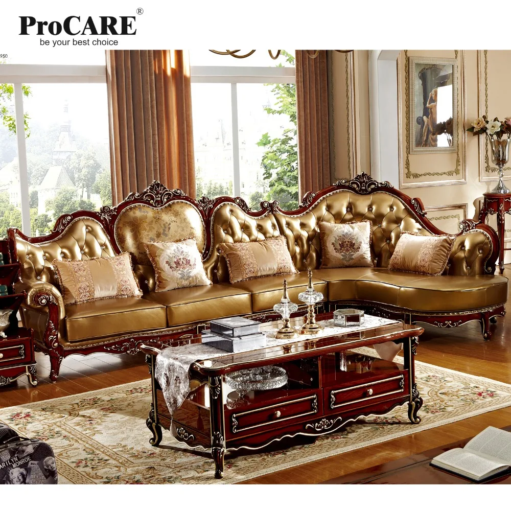 classic Luxury European style solid wood armrest leather corner sofa set living room furniture divano letto koltuk takimi