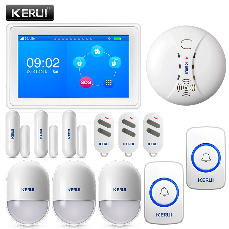 KERUI K7 Home Burglar Alarm WIFI GSM Smart System 7 Inch TFT Color Display with Motion and Smoke Sensor Detector SOS Buttons