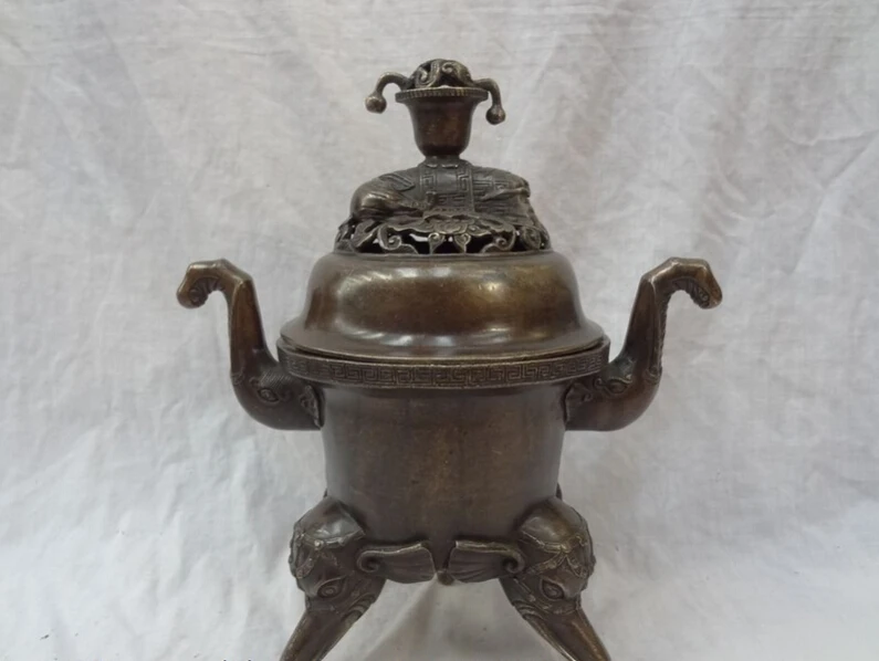 

S2653 12" Tibet Bronze Buddhist Wealth Elephant Head Statue Incense Burner Censer D0318