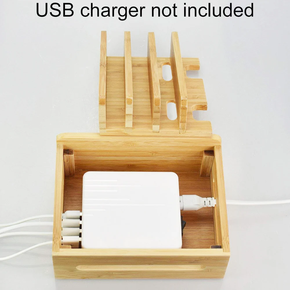 Bamboo Holder for iPhone XR 8 11Pro Stand for Samsung Cords Charging Station Docks Organizer for SmartPhone Tablets USB Charger