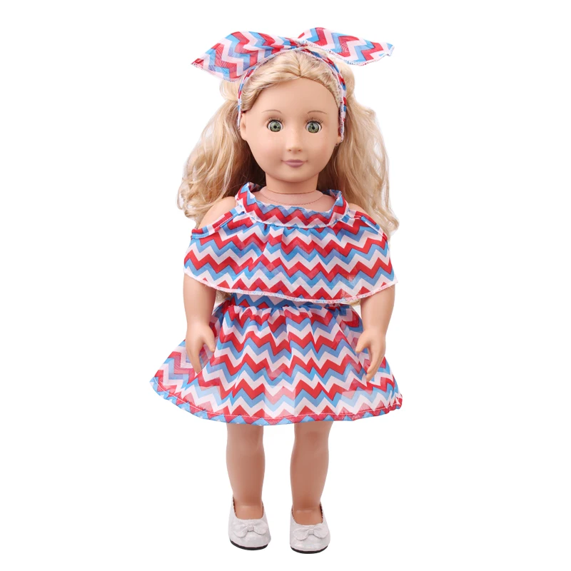 18 дюймов, с круглым вырезом, для девочек летнее платье с принтом для девочек+ повязка на голову, американский новорожденных юбка Детские игрушки подходит 43 см для ухода за ребенком для мам, детские куклы, c528-c529