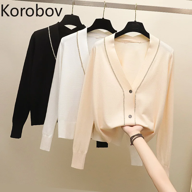 

Korobov 2019 New Spring Autumn Diamond Beading Sweater Cardigan Women Lady Cardigan Long Sleeve V-Neck Casual Cardigan 78551