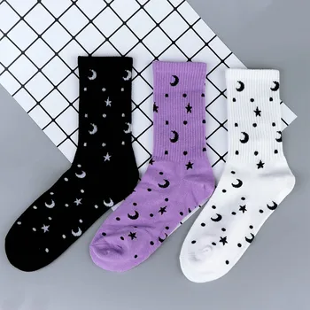 

1 Pair Harajuku Style Women Moon Star Pattern Cotton Sock White Purple Black Streetwear Socks calcetines mujer divertido