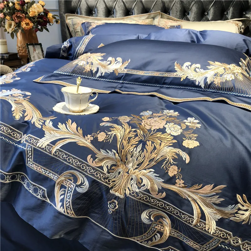 Cheap Champagne Blue White Luxury Royal Embroidery 100S Egyptian Cotton Palace Bedding Set Duvet Cover Bed sheet/Linen Pillowcases 36