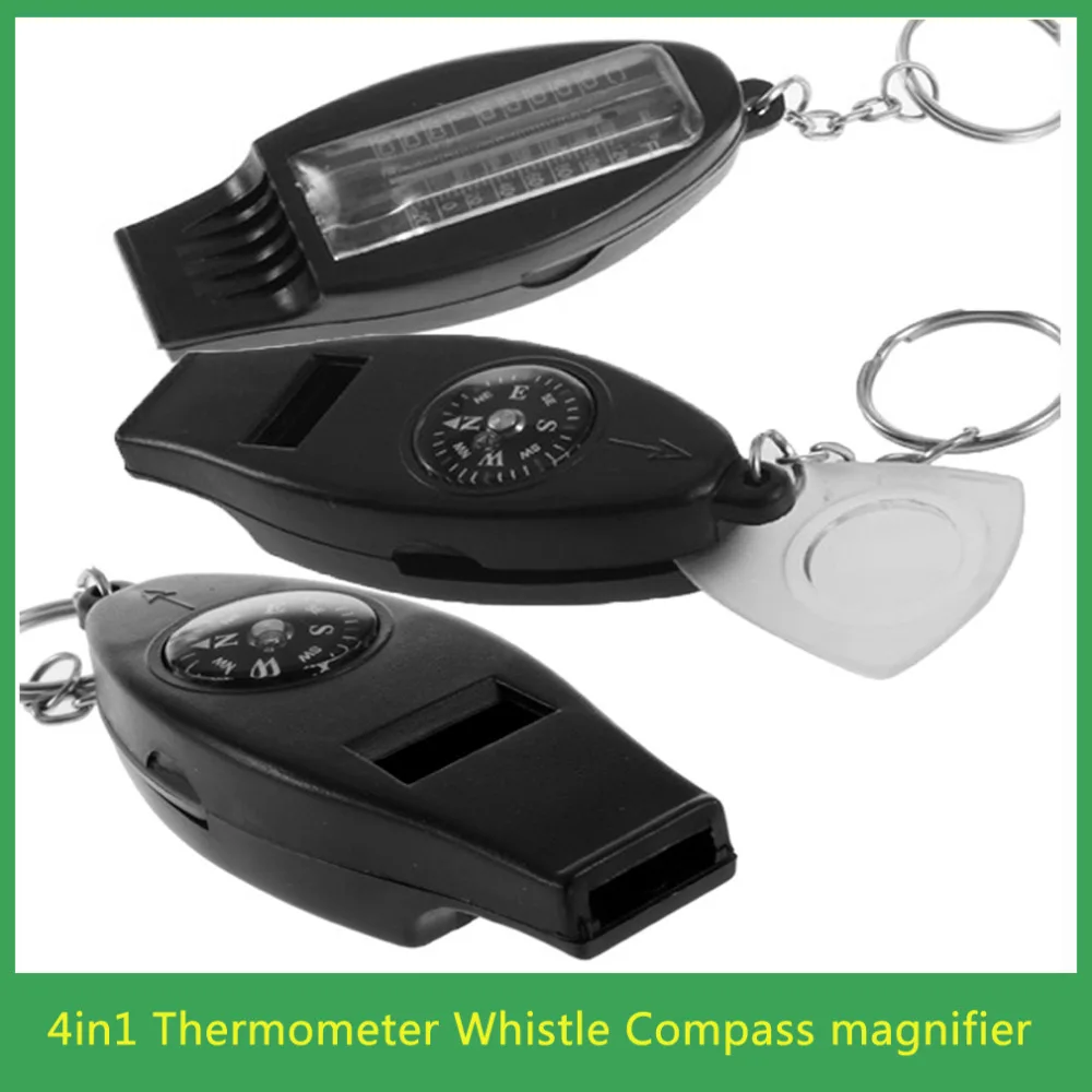 

Black 4in1 Mini Survival Tool Thermometer Whistle Compass new arrival