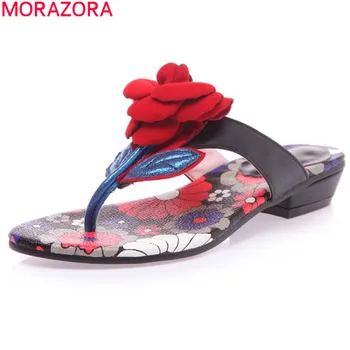 

MORAZORA 2020 high quality genuine leather shoes women slipper flower summer beach flip flops comfortable casual shoes woman