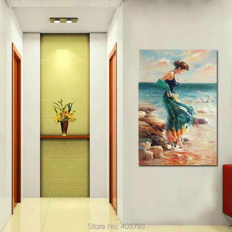 100% Handpainted Abstract Art Canvas Oil Painting Figure Woman Walking on Beach Home Decoration Unique Gift